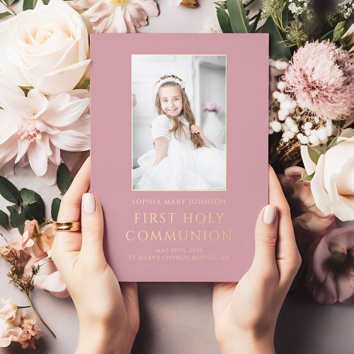 Pink Photo Girl First Holy Communion Gold  Foil Invitation