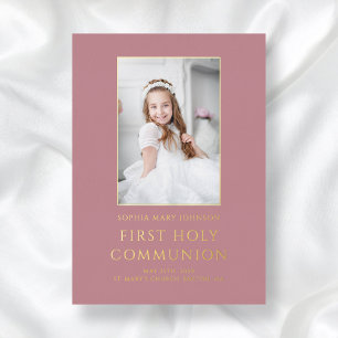 Pink Photo Girl First Holy Communion Gold Foil Invitation
