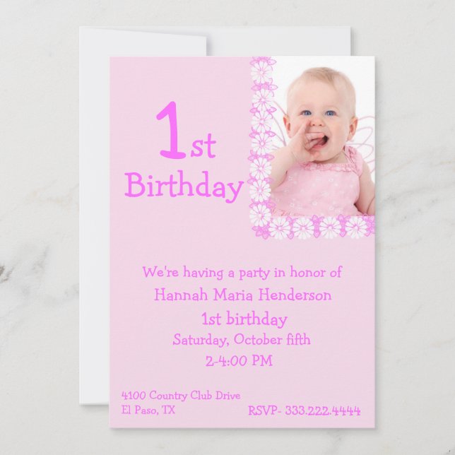 Pink Photo Girl's 1st Birthday Invitation (Front)