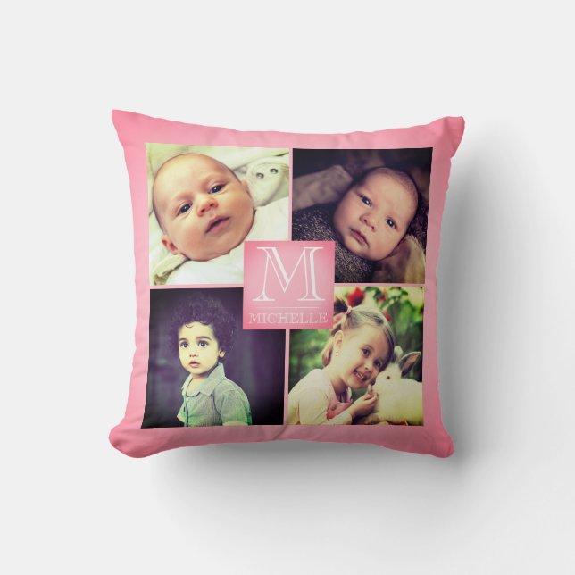 Pink photo girly monogramed collage throw pillow (Front)