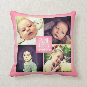 Pink photo girly monogramed collage throw pillow