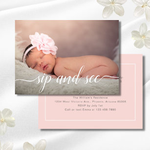 Pink Photo Girly Sip and See Baby Shower Pink Invitation