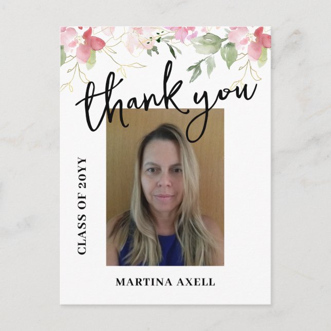 Pink Photo Graduation Thank You  Postcard (Front)