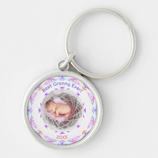 Pink Photo Grandparents Day Best Granny Ever Gift Keychain (Front)