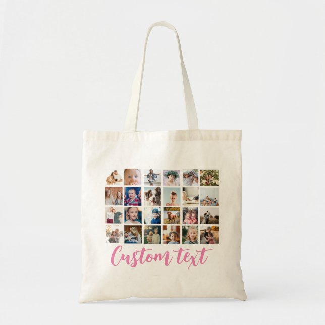 Pink photo grid photo collage name Tote Bag (Front)
