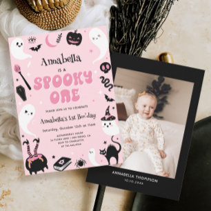 Pink Photo Halloween Spooky One 1st Birthday  Invitation