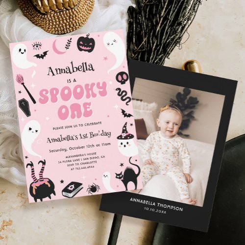 Pink Photo Halloween Spooky One 1st Birthday  Invitation