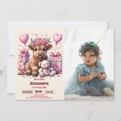 Pink Photo Holy Cow Highland  1st First Birthday Invitation