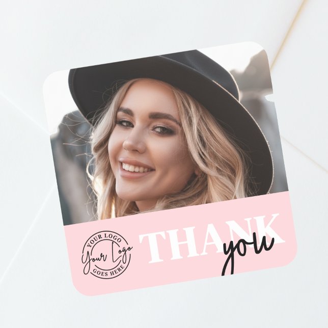 Pink Photo Logo Thank You Square Sticker (Pink Black Photo Logo Thank You Square Sticker)