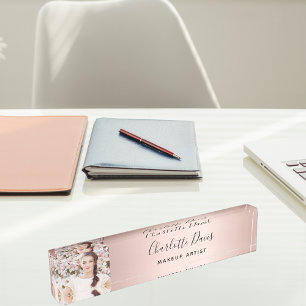 Pink photo monogram modern signature desk name plate