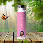 Pink photo name white water bottle<br><div class="desc">A trendy pink colored background.  Personalize and add your name and a profile photo.</div>