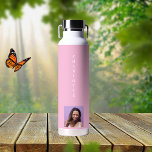 Pink photo name white water bottle<br><div class="desc">A trendy pink pastel colored background.  Personalize and add your name and a profile photo.</div>