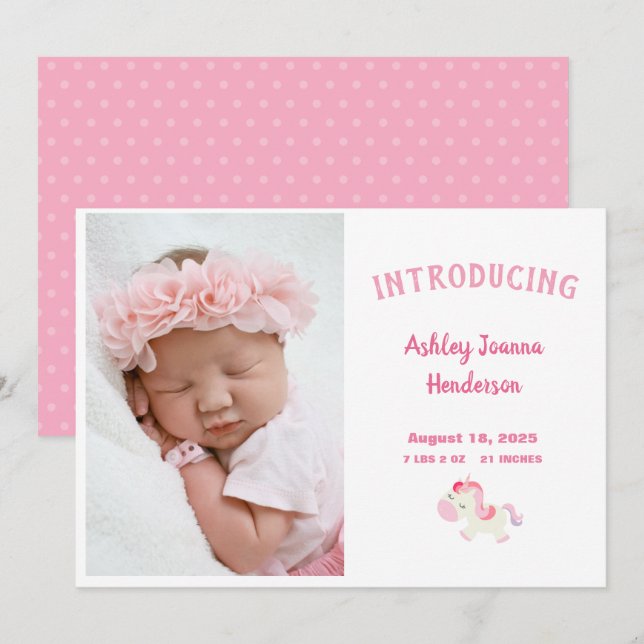 Pink Photo Newborn Baby Girl Announcement (Front/Back)