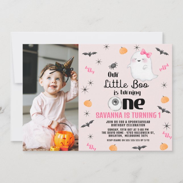 Pink Photo Our Little Boo Halloween 1st Birthday Invitation (Front)