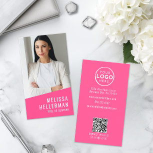 Pink Photo QR Code Logo Vertical Business Card