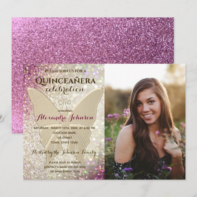 Pink Photo Quinceanera 15th Birthday Invitation (Front/Back)