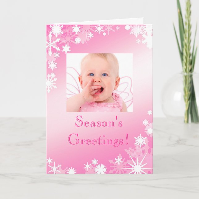 Pink Photo Snowflakes Holiday Card (Front)
