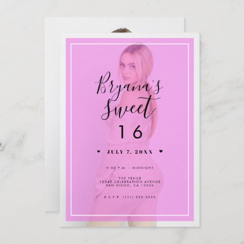 Pink Photo Tint Overlay 2 Modern Minimal Sweet 16 Invitation