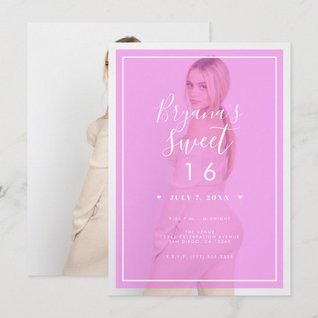 Pink Photo Tint Overlay 2 Modern Minimal Sweet 16 Invitation (Front/Back)