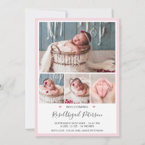 Pink Photo Welcome Baby Stats Newborn Girl Birth Announcement