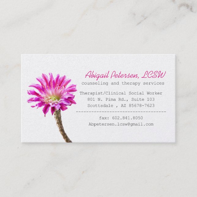 Pink Piazza cactus flower in bloom ,  LCSW Business Card (Front)