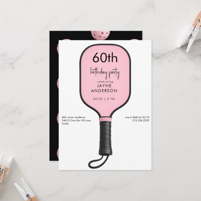 Pink Pickleball 60th Birthdday Party Invitation (Front/Back In Situ)
