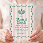 Pink Pickleball Dinks and Drinks Birthday Party Invitation<br><div class="desc">Throw a birthday party by the pickleball court with this elegant and vintage-inspired pickleball party invitation. It features a light pink striped background, a curvy, wavy green frame, "dinks and drinks" text in a groovy font, and an illustration of two pickleball rackets and a pickleball. The back of the card...</div>
