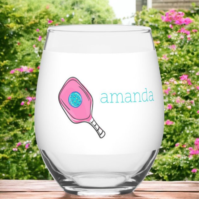 Pink Pickleball Paddle & Ball Personalized Preppy  Stemless Wine Glass (Creator Uploaded)