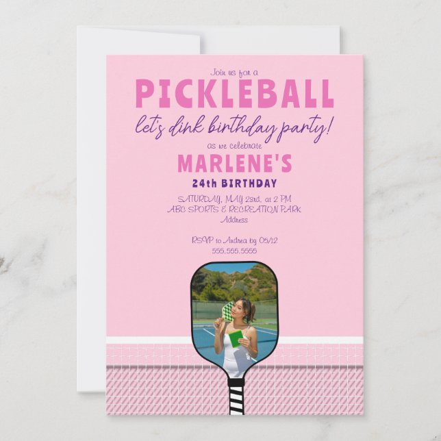Pink Pickleball Paddle Photo Dink Birthday Party Invitation (Front)
