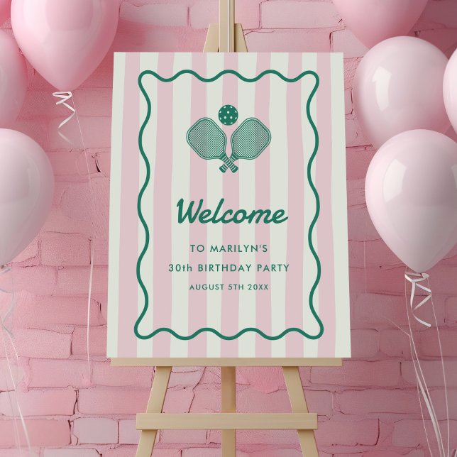 Pink Pickleball Preppy Birthday Welcome Sign (preppy pickleball birthday party welcome sign in pink and green)
