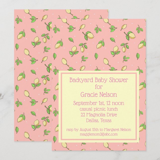 Pink Picnic Baby Shower Lemons Invitation (Front/Back)