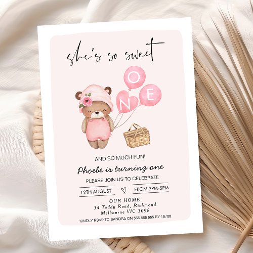 Pink Picnic Basket and Teddy Bear 1st Birthday  Invitation