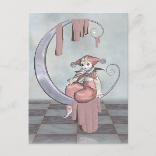 Pink Pierrot Clown Doll on a Silver Moon Postcard