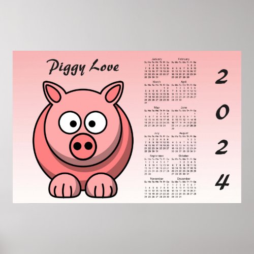 Pink Pig 2024 Animal Calendar Poster