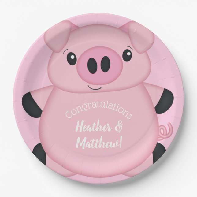 Pink Pig Baby Shower Paper Plates (Front)
