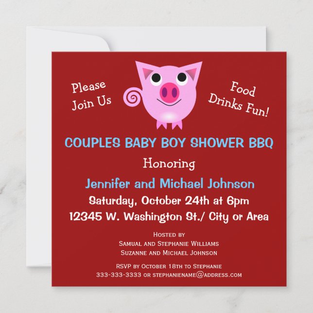 Pink Pig BBQ Couples Baby Shower Boy or Neutral Invitation (Front)