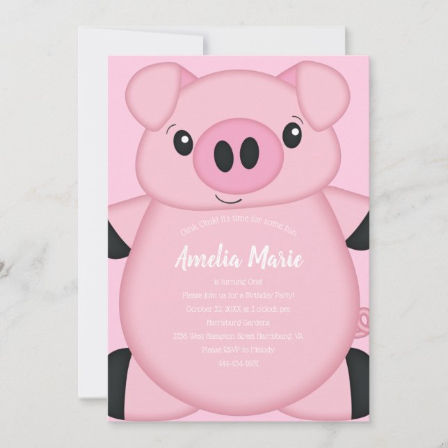 Pink Pig Birthday Party Invitation (Front)