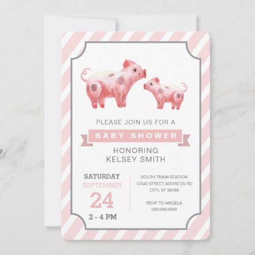 Pink Pig Farm Girl baby shower Invitation