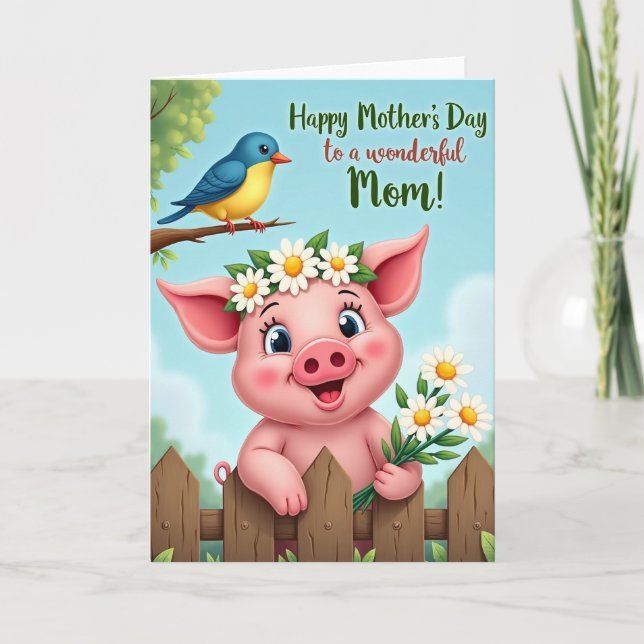 Pink Pig Floral Mothers Day Card (Front)