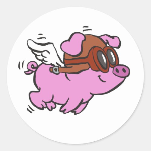 Pink pig flying cartoon  choose background color classic round sticker