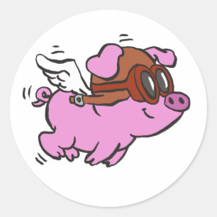 Pink pig flying cartoon   choose background color classic round sticker