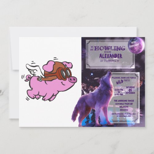 Pink pig flying cartoon  choose background color invitation