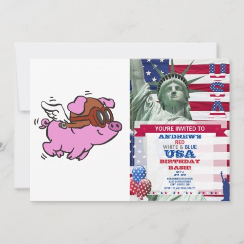 Pink pig flying cartoon  choose background color invitation