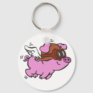 Pink pig flying cartoon choose background color keychain