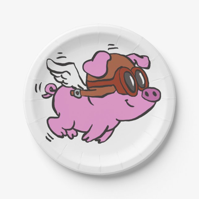 Pink pig flying cartoon | choose background color paper plates (Front)