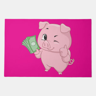 Pink Pig Holding Cash Giving Thumbs Up Doormat
