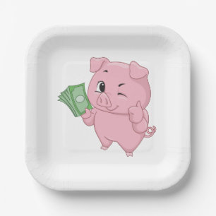 Pink Pig Holding Cash Giving Thumbs Up Paper Plates