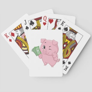 Pink Pig Holding Cash Giving Thumbs Up Poker Cards