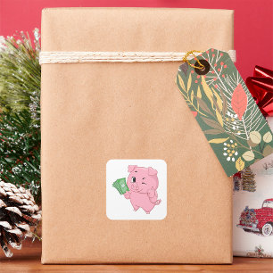 Pink Pig Holding Cash Giving Thumbs Up Square Sticker