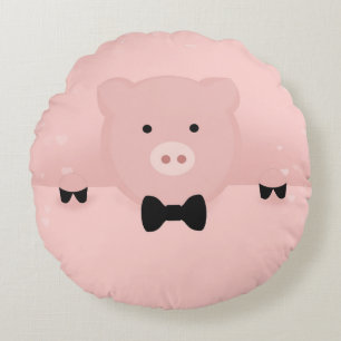 Pink Pig in a Black Bow Tie Round Pillow
